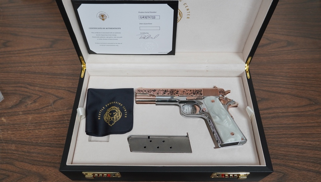 SEATTLE ENGRAVING COLT 1911 GOV'T DIA DE LOS MUERTOS 45 ACP 18K ROSE GOLD SLIDE CHROME FRAME