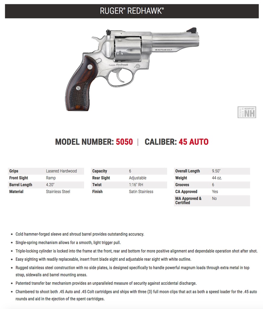 RUGER 5050 REDHAWK 45 ACP/45 LONG COLT 6RD, 4.20" SATIN STAINLESS