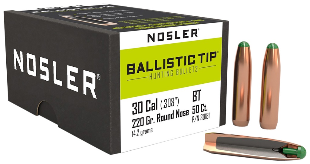 NOSLER 30181 BALLISTIC TIP 30 CALIBER 220 GRAIN ROUND NOSE 50 CNT