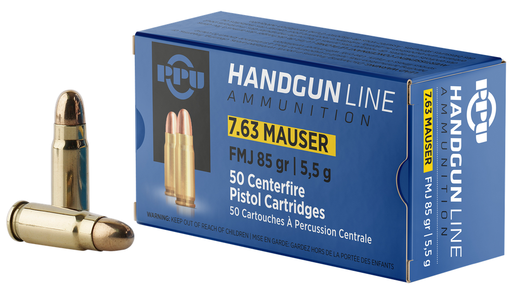 PPU PPH763 HANDGUN  7.63MM MAUSER 85GR FULL METAL JACKET 50 PER BOX/10 CASE