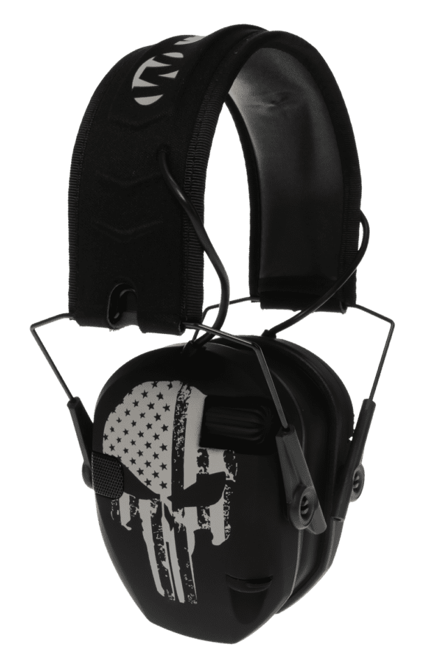 WALKER'S WPRSEMFSPUN RAZOR SLIM ELECTRONIC FREEDOM MUFF 23 DB OVER THE HEAD BLACK W/DISTRESSED PUNISHER FLAG POLYMER