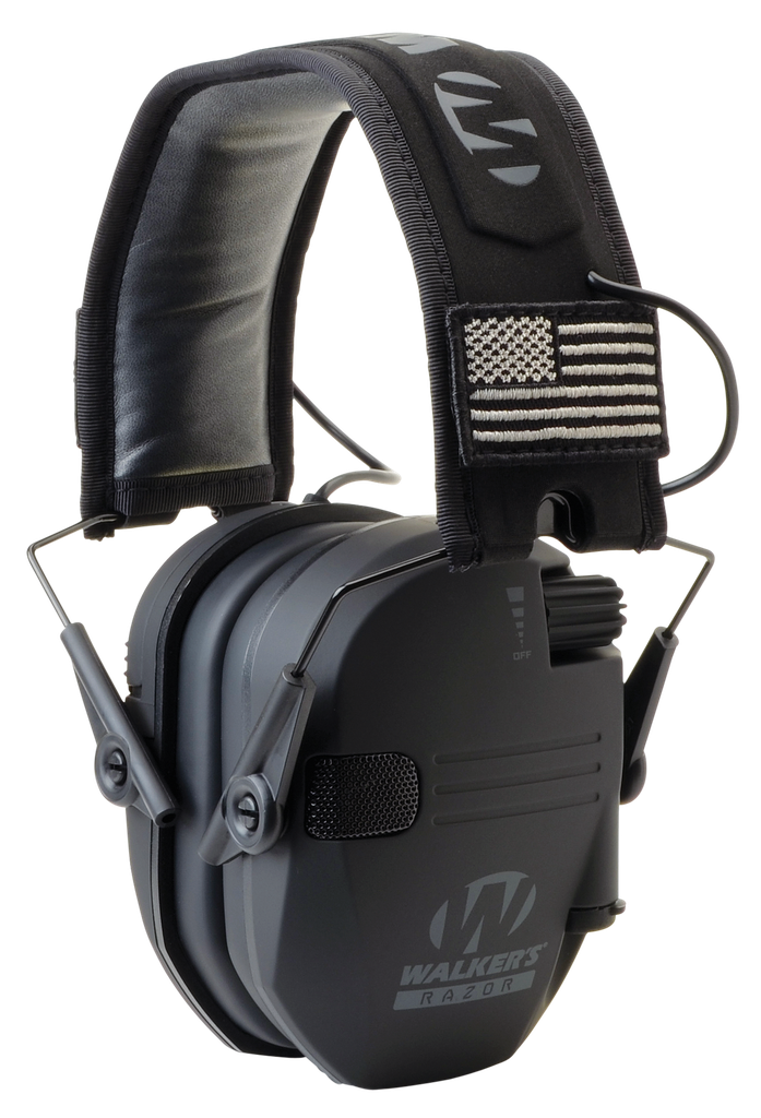 WALKER'S GWP-RSEMPAT RAZOR PATRIOT SLIM ELECTRONIC MUFF 23 DB OVER THE HEAD BLACK W/FLAG PATCH POLYMER