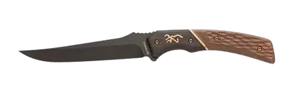 BROWNING 3220394 HUNTER TRAIL KNIFE 4.50" FIXED TRAILING DROP POINT BLADE, BLACK STONEWASHED 440C STAINLESS STEEL, TWO-TONED JIGGED WOOD HANDLE W/BRONZE ACCENTS, INCLUDES LEATHER SHEATH