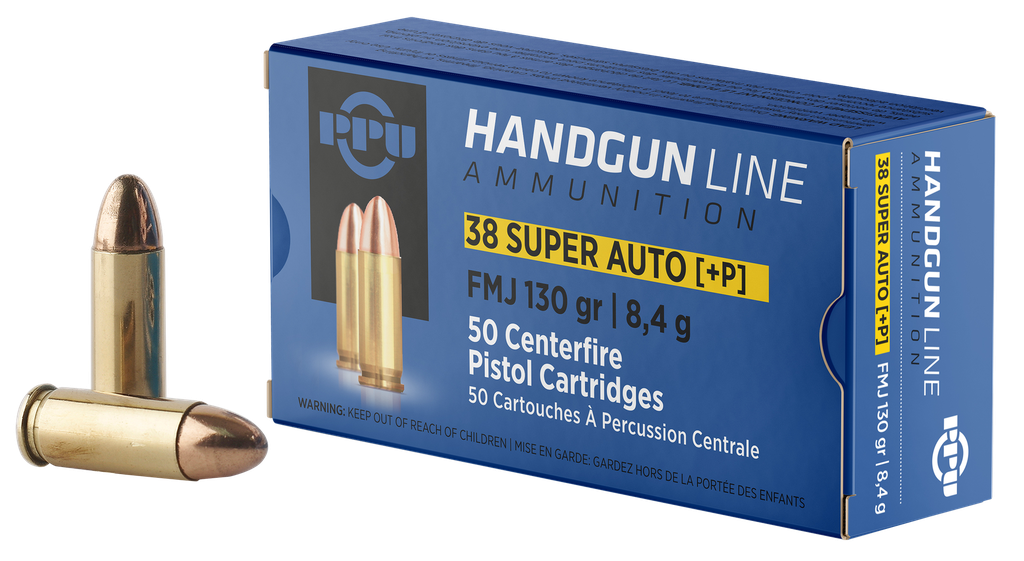 PPU PPH38SU HANDGUN 38 SUPER+P 130 GRAIN FULL METAL JACKET 50 RNDS