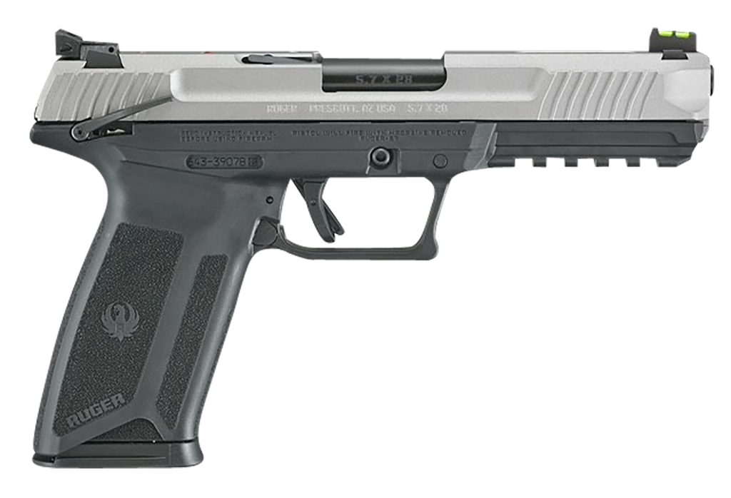 RUGER 16408 RUGER-5.7 EXCLUSIVE FINISH 5.7X28MM 20+1 4.94" BLACK NITRIDE STEEL BARREL, SAVAGE CERAKOTE SERRATED STEEL SLIDE