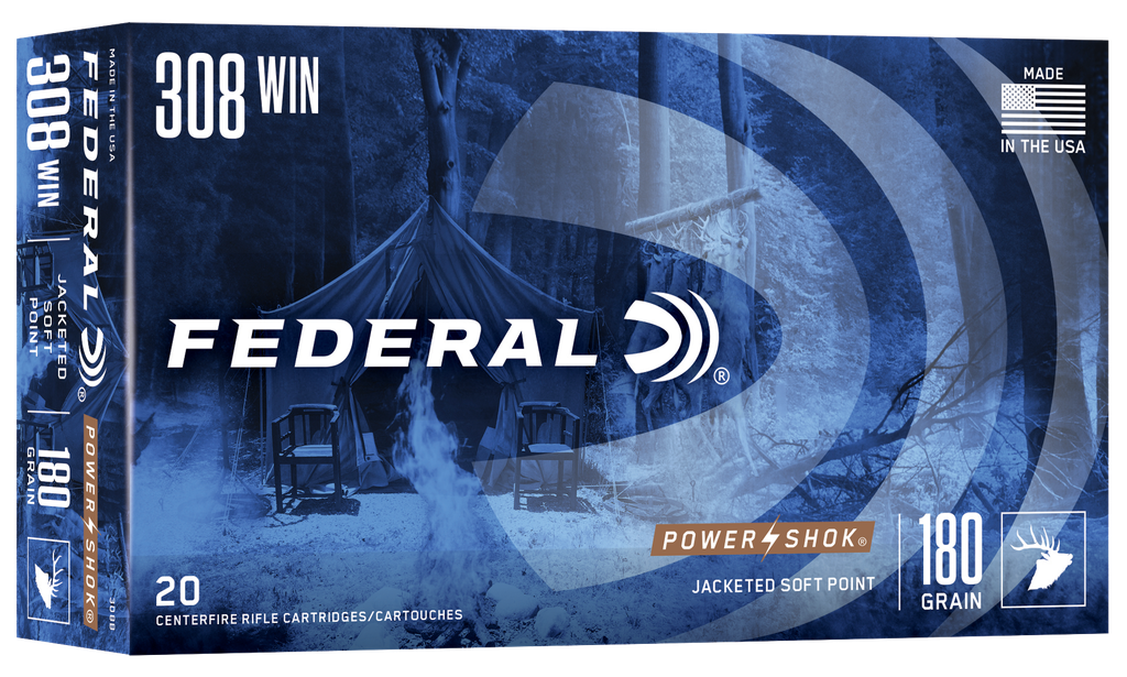 FEDERAL 308B POWER-SHOK 308 WIN 180 GRAIN JACKETED SOFT POINT 20 RNDS