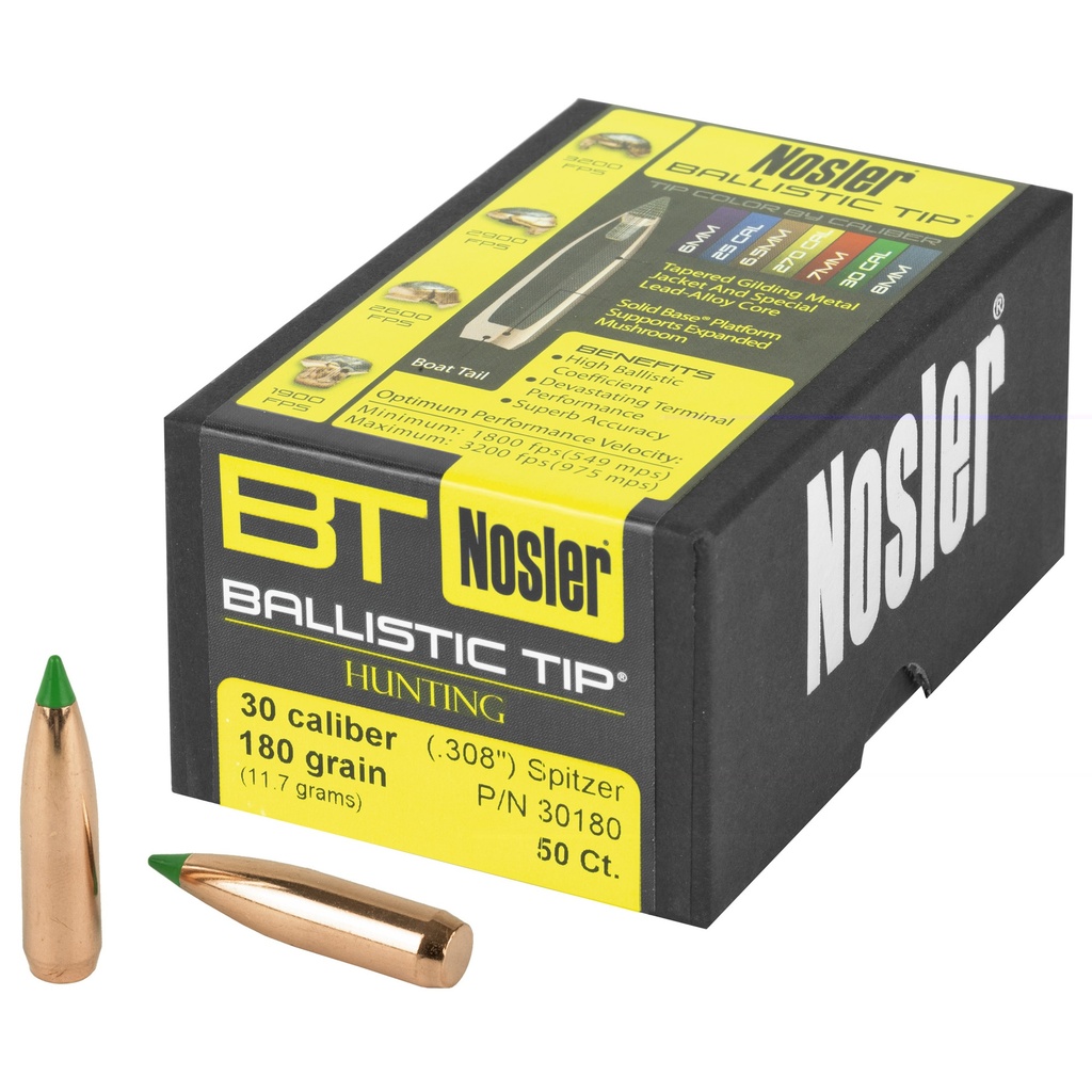 NOSLER 30180 BALLISTIC TIP 30 CALIBER 180 GRAIN SPITZER 50 CNT