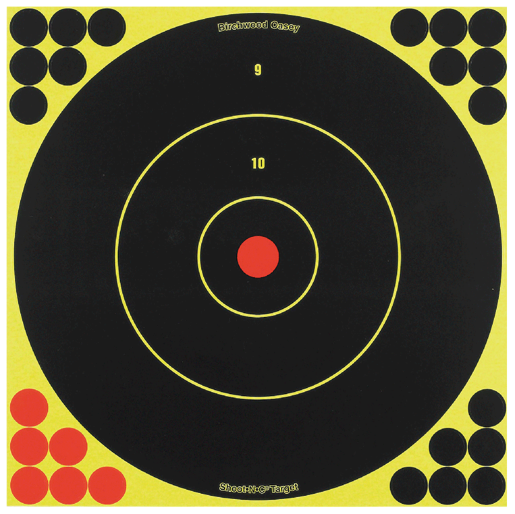 BIRCHWOOD CASEY 34012 SHOOT-N-C REACTIVE TARGET SELF-ADHESIVE PAPER BLACK/YELLOW/RED 12" BULLSEYE 5 PACK