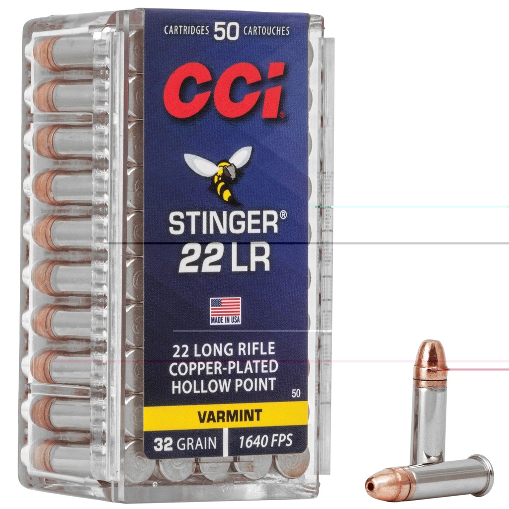 CCI 0050 STINGER 22 LR 32 GRAIN COPPER PLATED HOLLOW POINT 50 RNDS
