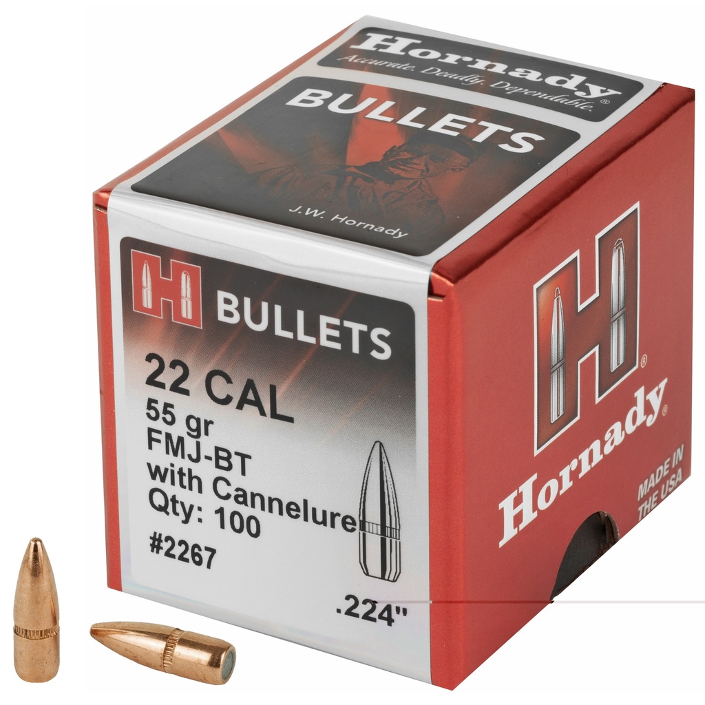 HORNADY 2267 TRADITIONAL 22 CAL .224 55 GR FULL METAL JACKET BOAT TAIL 100 PER