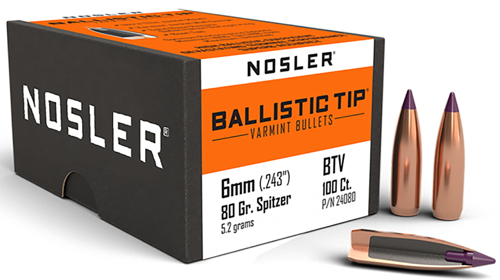 NOSLER 24080 BALLISTIC TIP 6MM 80 GRAIN SPITZER POINT 100 CNT