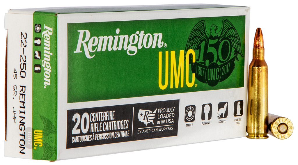 REMINGTON 23750 UMC 22-250 REM 45 GRAIN JACKETED HOLLOW POINT 20 RNDS