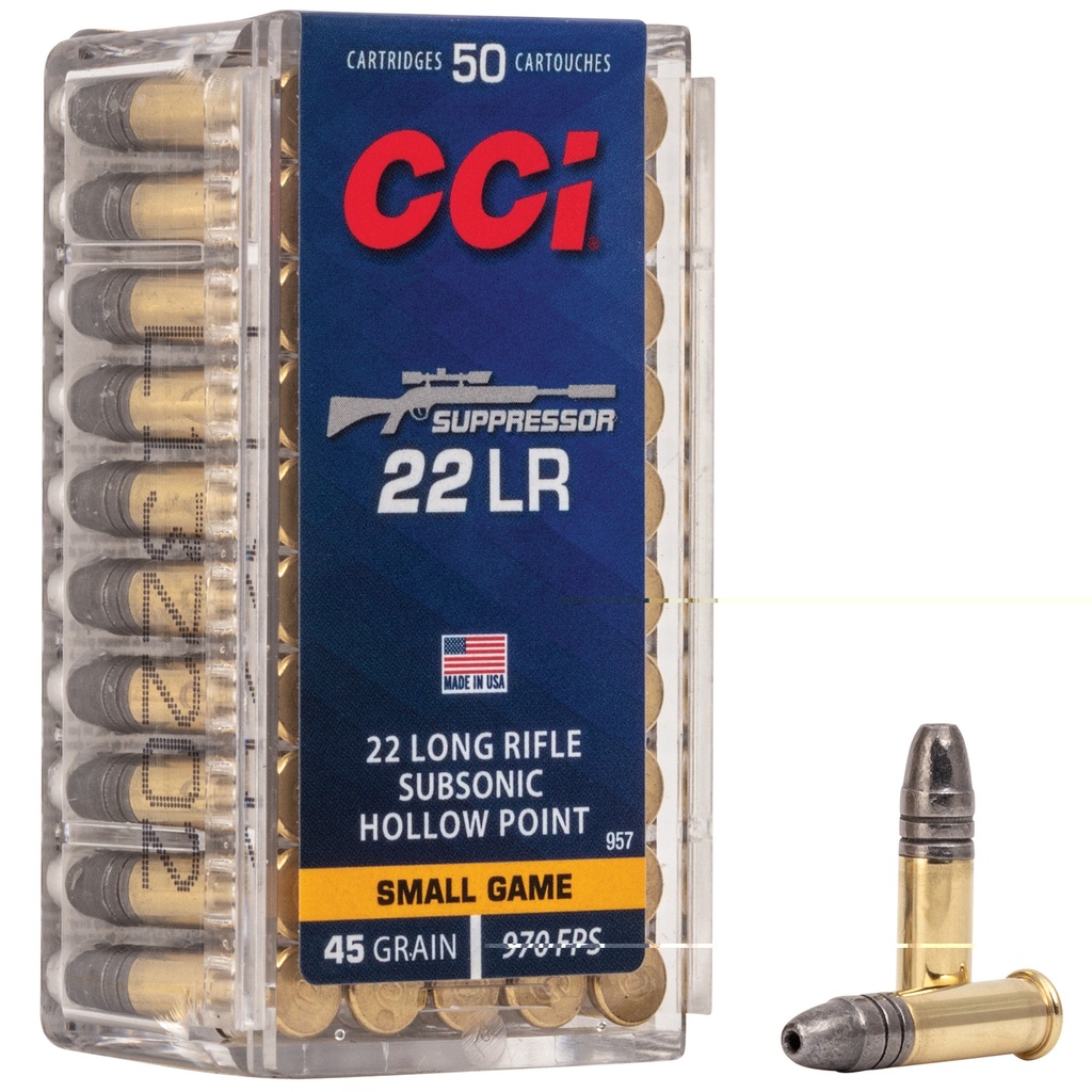 CCI 957 SUPPRESSOR SMALL GAME 22 LR 45 GR LEAD HOLLOW POINT 50 RNDS